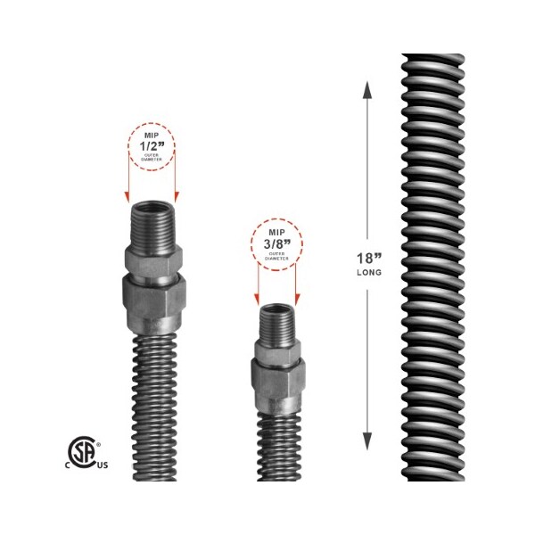 Gas Line Hose 3/8'' O.D. X 18'' Length 1/2 X 3/8 MIP Fittings, Stainless Steel Flexible Connector